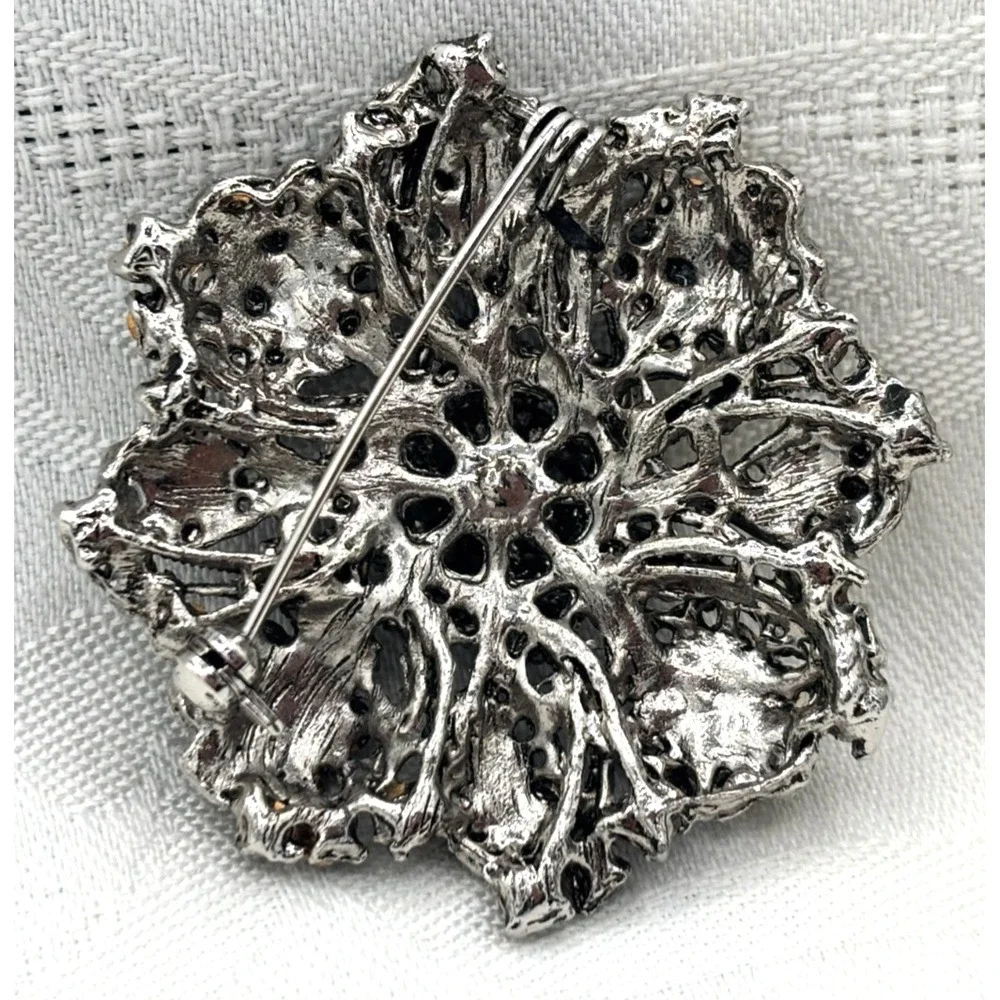 Vintage Silver Tone Floral Brooch Hematite Gray Rhinestone Pin‎ 2